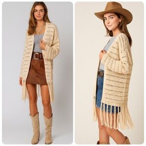 Gilli Fringe Crochet Knit Boho Dreams Cardigan in Natural Beige Size Medium
